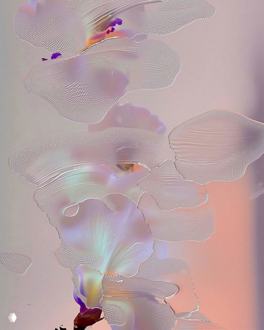 Изящный букет с плавными завитками мазков и деликатной цветовой градацией; 3D-рендер, имитирующий фактуру масла на холсте.