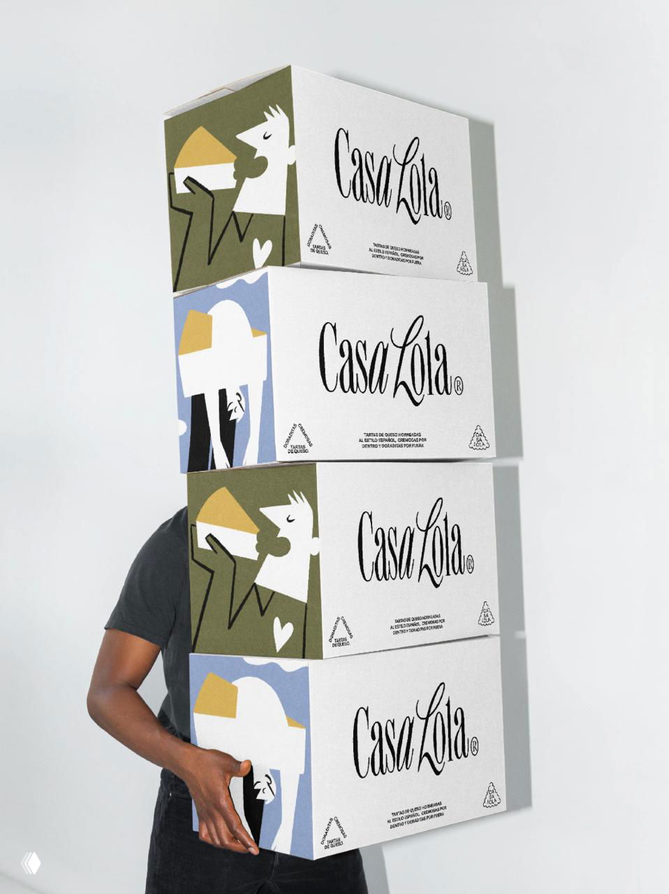 Стек коробок Casa Lola с иллюстрациями и логотипом; упаковка для тортов в фирменной гамме, демонстрация брендирования и тиражируемых носителей