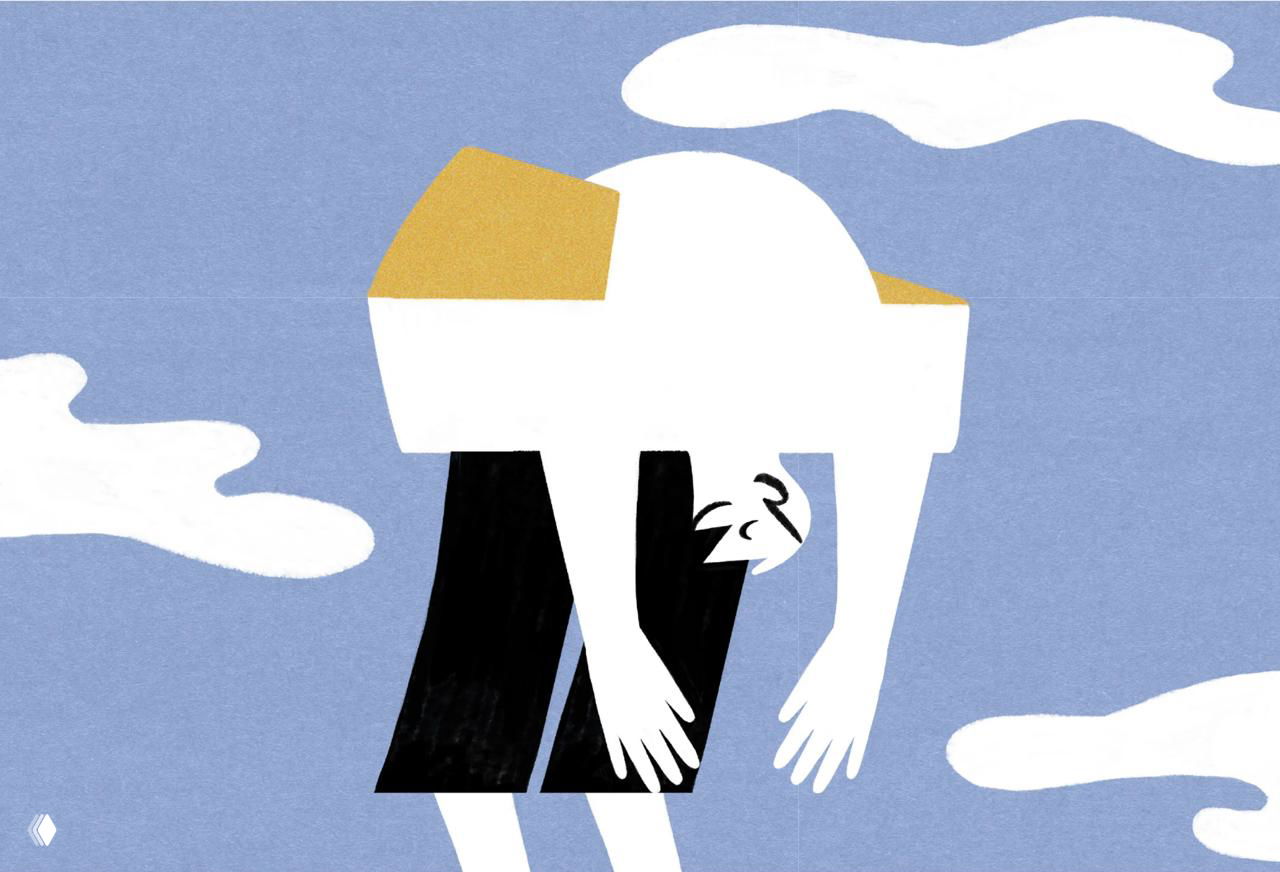 Иллюстрация в тёплых тонах на синем фоне: фигура наклоняется над пирогом; стилизованная простая графика, ощущение лёгкости и домашнего уюта