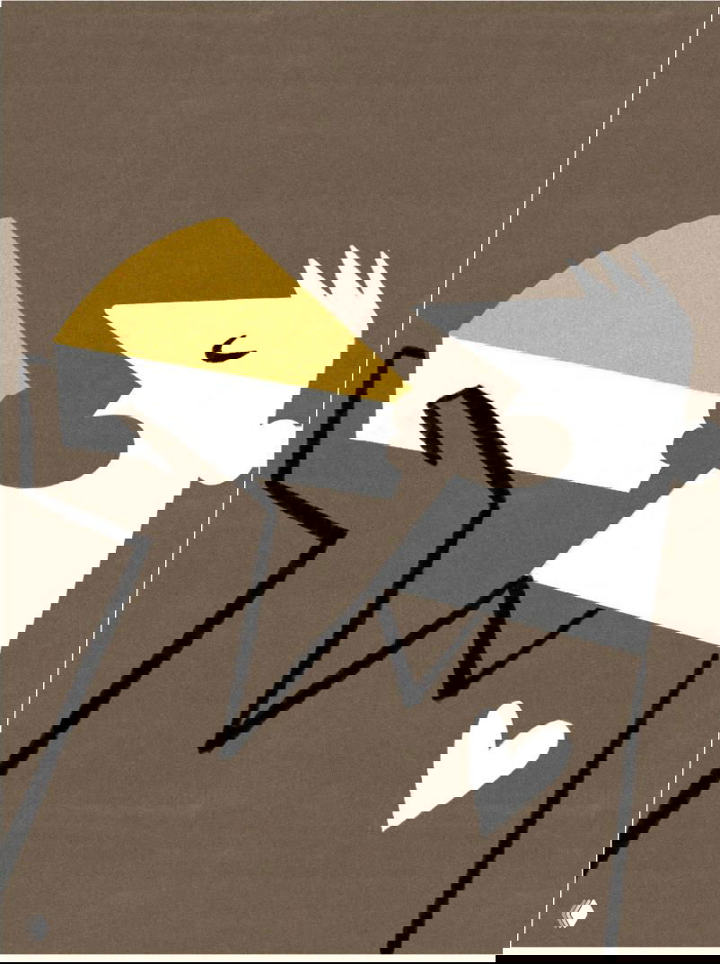 Иллюстрация крупным планом: персонаж ест кусок пирога; минималистичная палитра, выразительная мимика и текстурная печать на бумаге