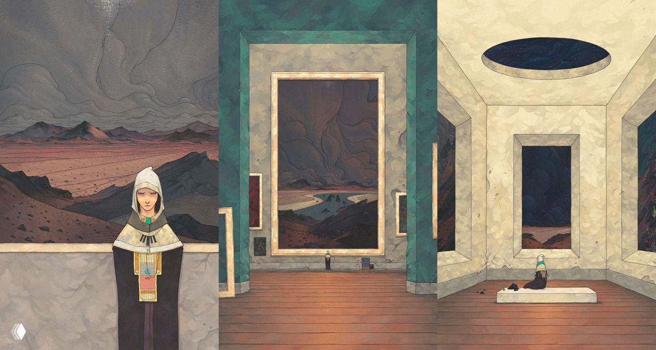 Иллюстрация Габриэля Бромбина: минималистичное внутреннее пространство и пустынный пейзаж, крупные геометрические формы и одинокая фигура в кадре.