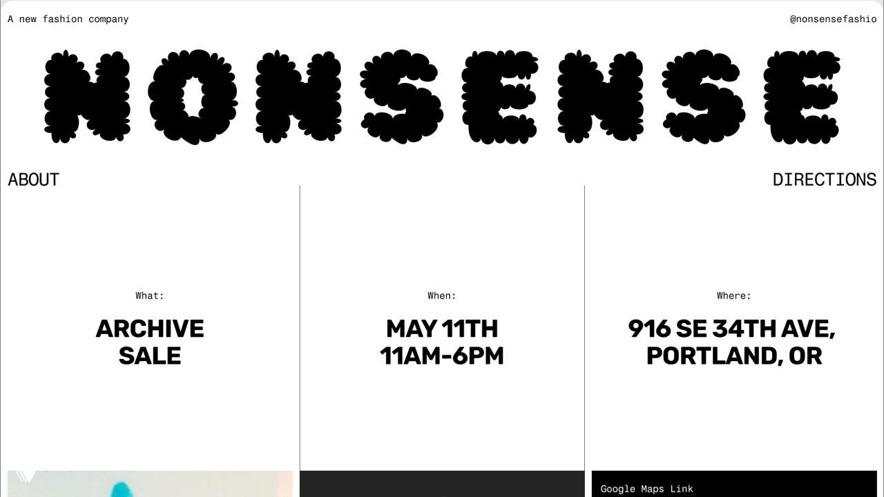 Чёрно‑белый шаблон с крупной игривой типографикой NONSENSE, три колонки с информацией о событии и адресом, минималистичный сетевой дизайн.