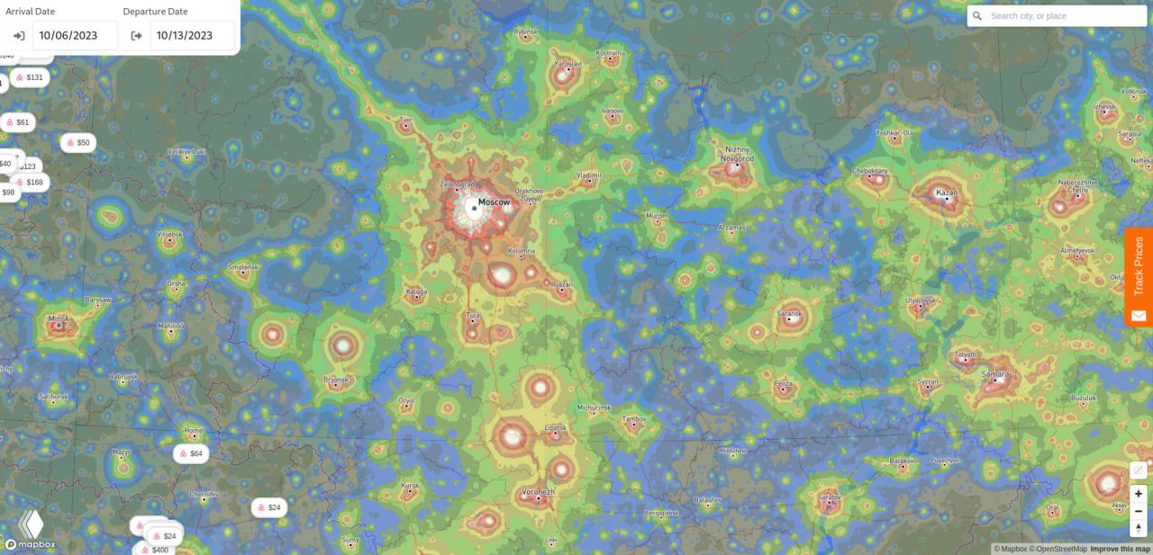 Фрагмент карты центральной России с Москвой: концентрированные зоны сильного светового загрязнения вокруг мегаполиса и близлежащих городов.