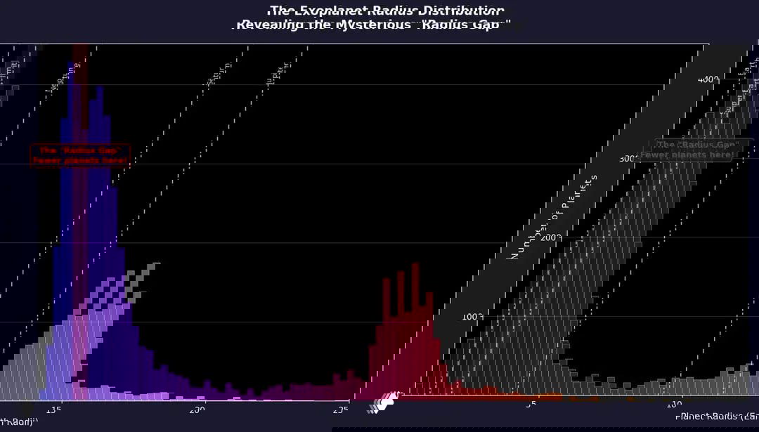 Гистограмма распределения радиусов экзопланет в радиусах Земли с указанием пунктирными линиями радиусов Земли, Нептуна, Сатурна и Юпитера и «радиусного разрыва».