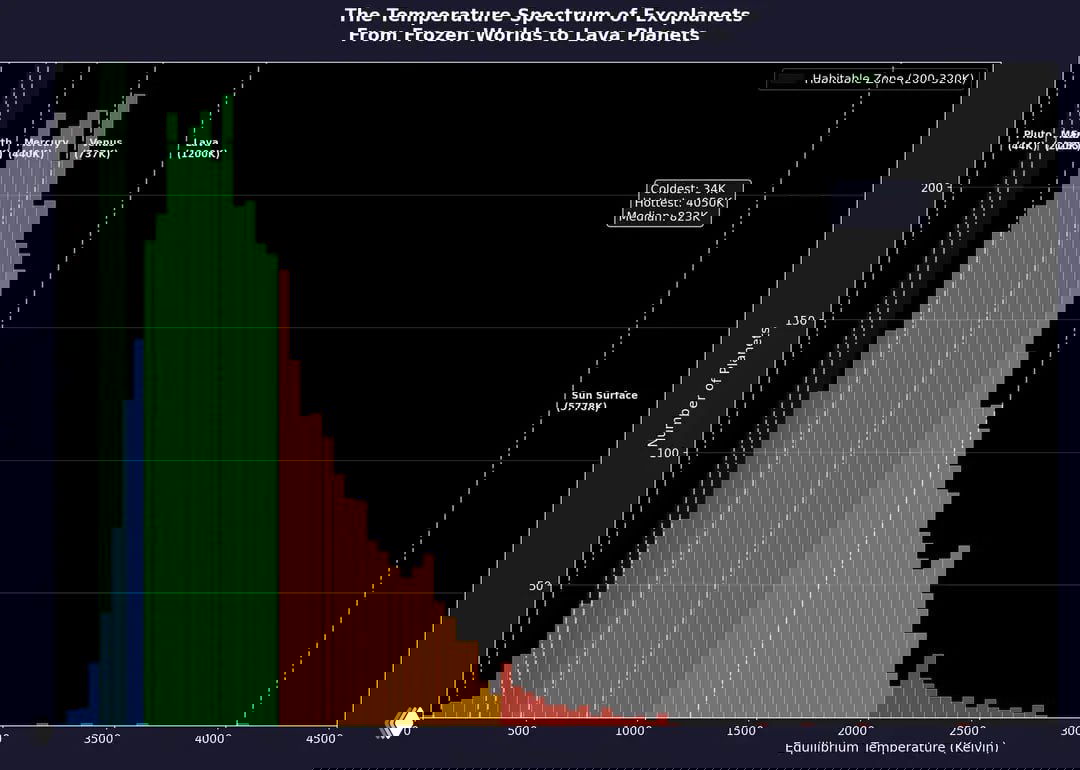 Гистограмма теоретических температур поверхности экзопланет в Кельвинах с отмеченными температурами Плутона, Марса, Земли, Меркурия, Венеры, лавы и поверхности Солнца.