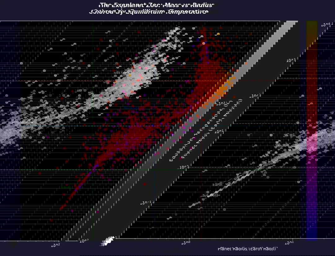 Диаграмма «масса против радиуса» всех известных экзопланет в массах и радиусах Земли, точки окрашены по теоретической температуре поверхности, логарифмические оси.