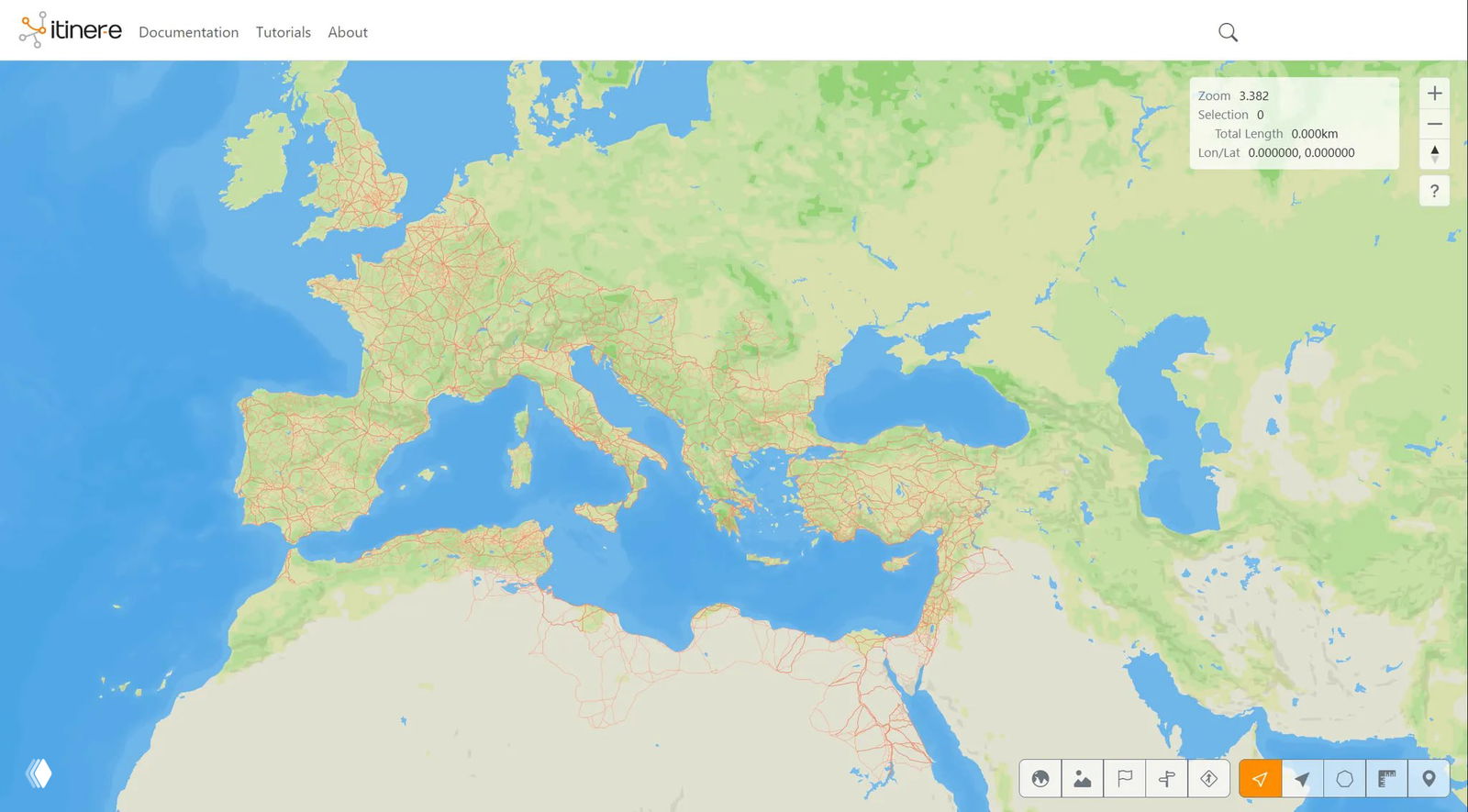 Интерактивная карта Средиземноморья с наложенной сетью дорог Римской империи; видна сеть маршрутов, береговая линия и общий рельеф региона.