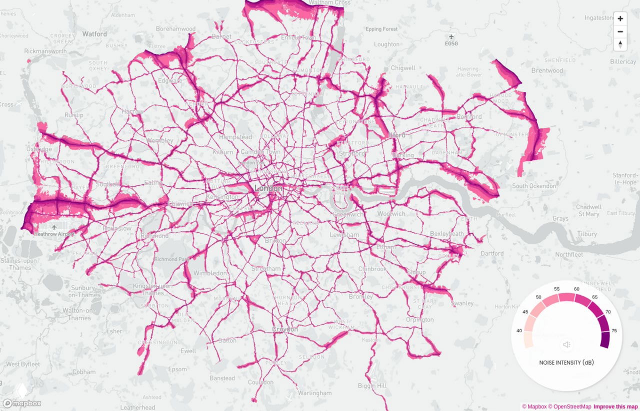 Карта шумового загрязнения Лондона: видны шумные дорожные коридоры и транспортные узлы; палитра показывает интенсивность в дБ.