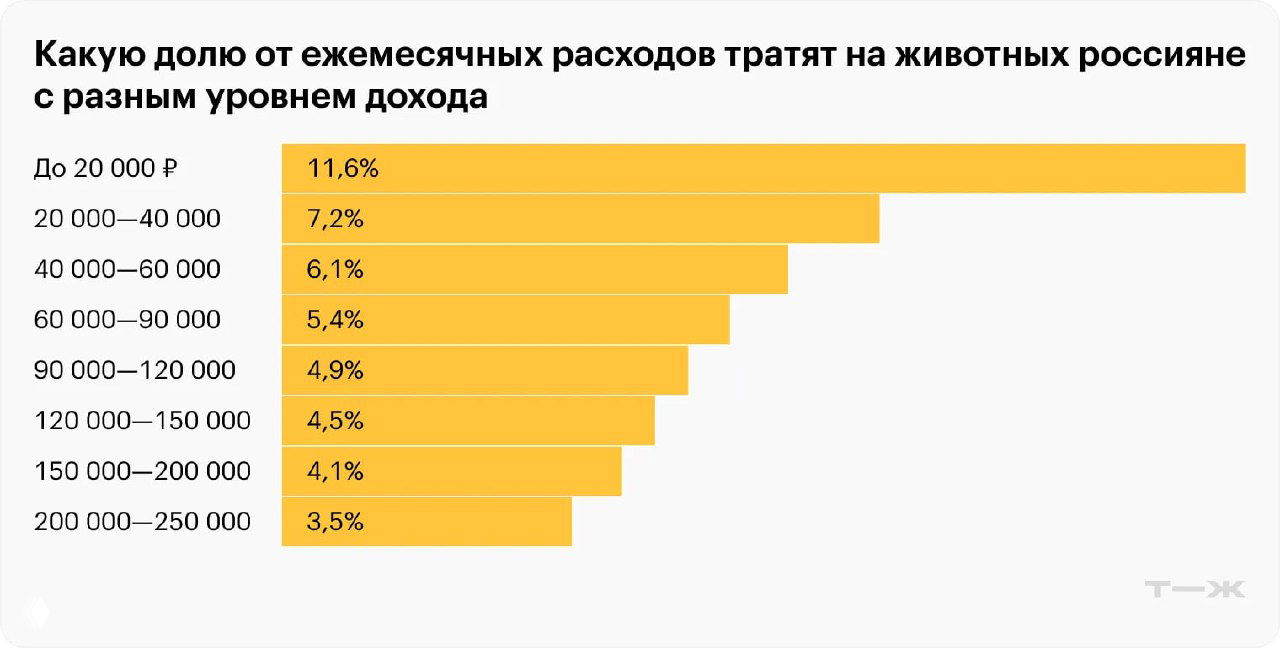 Диаграмма распределения доли ежемесячных расходов россиян на животных по группам дохода: до 20 000 ₽ и другие категории с процентными значениями.