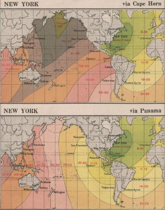 Карта-изохрона: изохроны из Нью-Йорка до и после открытия Панамского канала (1920), видна экономия времени при прохождении через Панаму по сравнению с обходом мысом Горн.