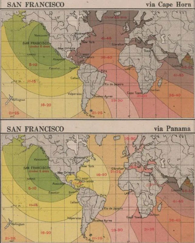 Карта-изохрона: изохроны из Сан-Франциско до и после открытия Панамского канала (1920), показано влияние канала на трансконтинентальные морские маршруты.