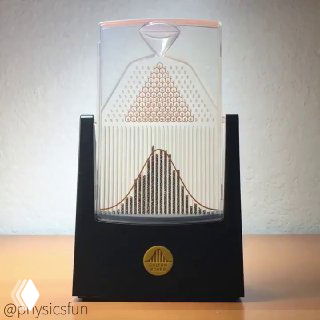 Фото доски Гальтона: прозрачная панель со штырьками, падающие шарики и их скопление внизу, формирующее колоколообразную кривую.