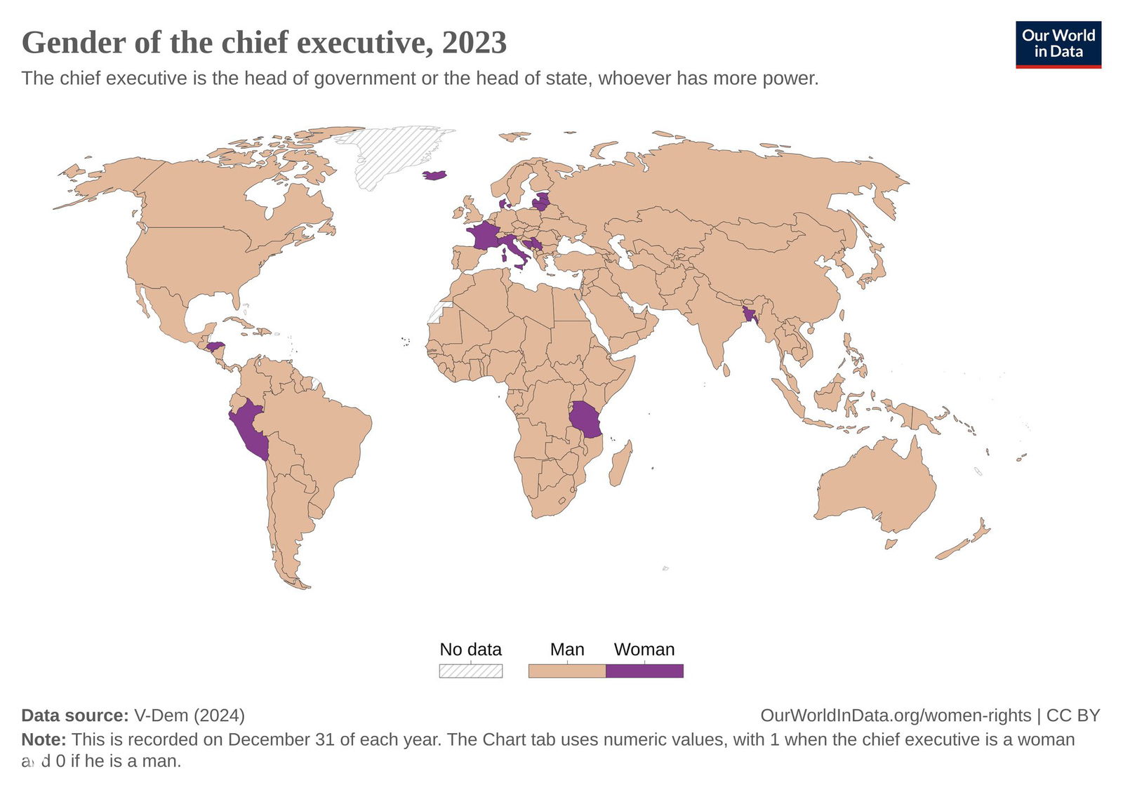 Карта мира 2023: пол главы исполнительной власти по странам (мужчина/женщина), выделены страны с женщинами-главами в 2023 году.
