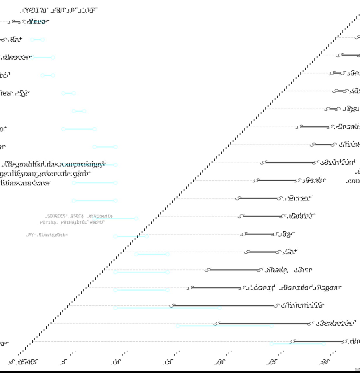 Диаграмма из Flowing Data: диапазоны ожидаемой продолжительности жизни домашних питомцев — от мыши до лошади, показаны в годах.