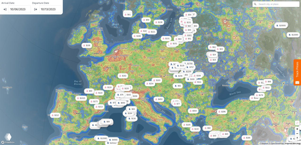 Тепловая карта светового загрязнения Европы: цветовая шкала показывает плотность искусственного света и яркие городские очаги.