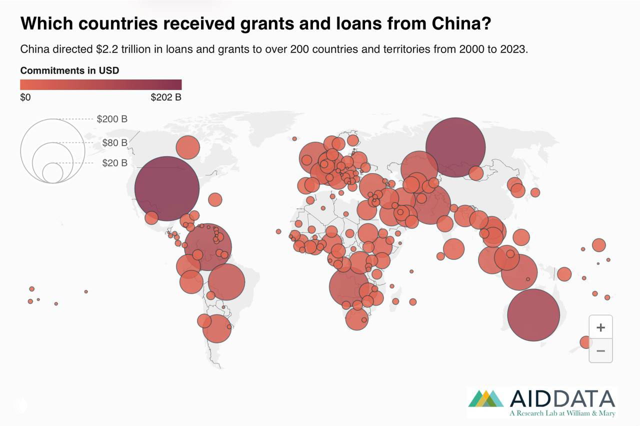 Инфографика AidData: карта мира с кругами, показывающими объёмы кредитов и грантов Китая по странам за 2000–2023 годы.