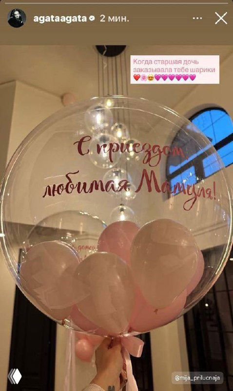 Прозрачный шар с розовыми воздушными шарами внутри и надписью «С приездом, любимая мамуля», держат рукой на фоне интерьера — подарок от старшей дочери.