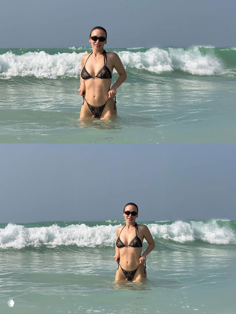Оля Серябкина в чёрном бикини стоит по колено в тёплом море на фоне прибойных волн, улыбается в солнцезащитных очках во время отпуска.