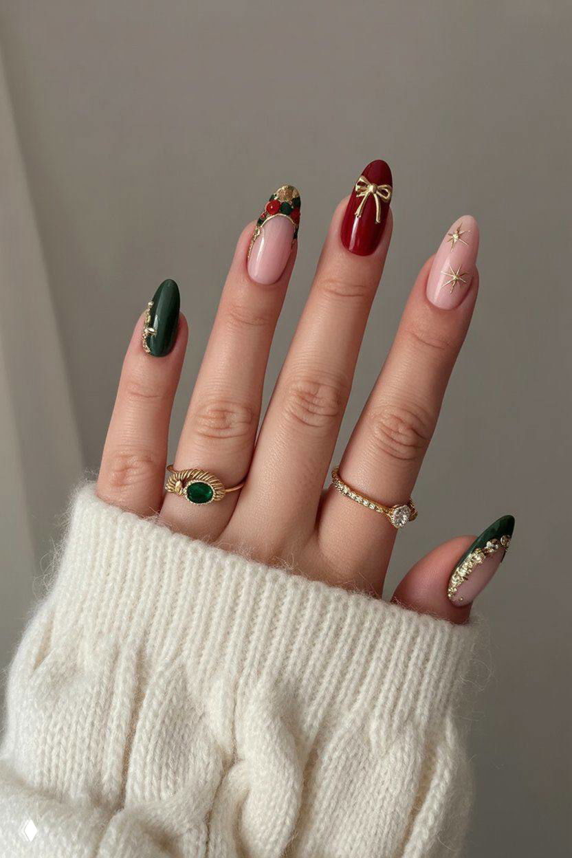 Минималистичный маникюр с комбинацией изумрудного и бордового оттенков, тонкими золотыми украшениями и аккуратным дизайном на кончиках.