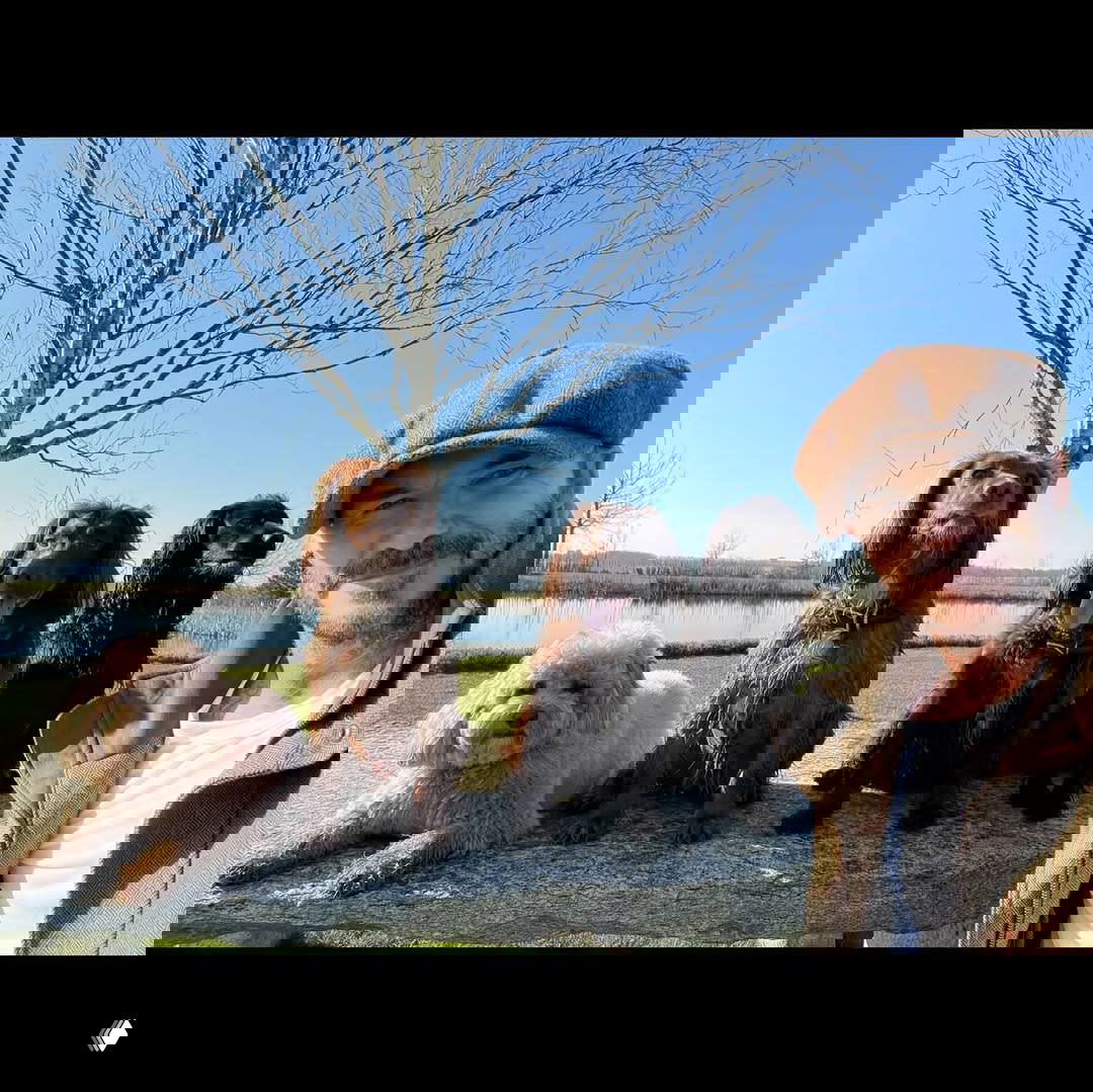 Портрет на открытом воздухе: человек в кепке позирует рядом с несколькими собаками на фоне озера и деревьев.