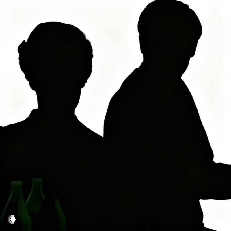 Силуэты двух людей на светлом фоне, иллюстрация экранной пары советского кино; тёмные силуэты бутылок внизу.