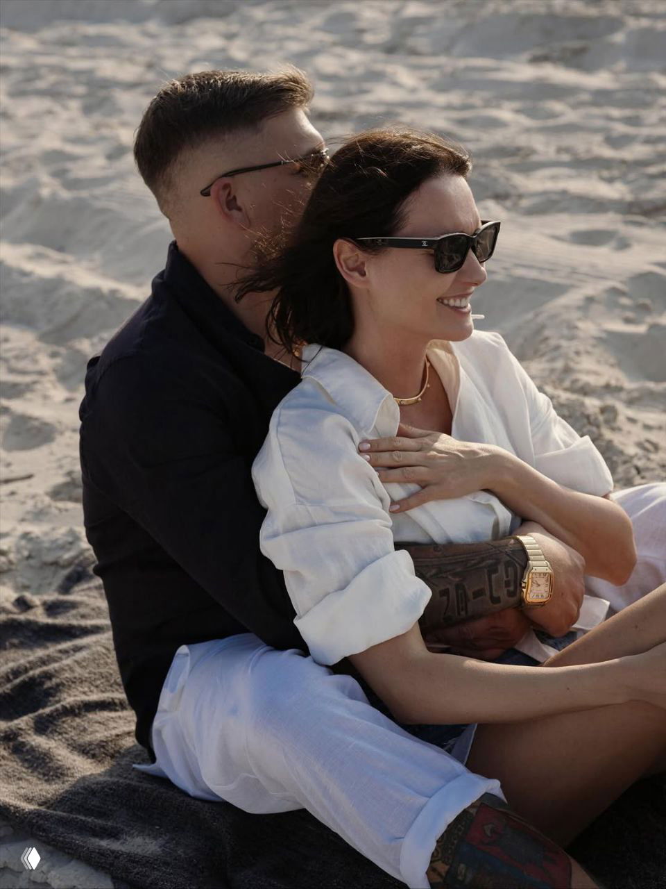 Пара сидит на покрывале на песке: женщина облокотилась на мужчину, они расслаблены, вокруг заметны отпечатки ног на песке и море.