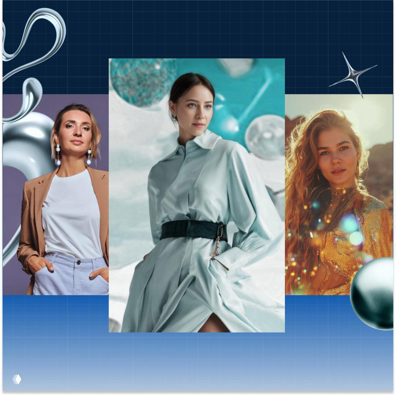 Коллаж: портреты трёх женщин в деловом и творческом образе на синем графическом фоне — иллюстрация проекта о женщинах атомной отрасли.