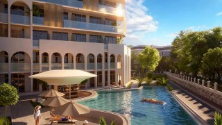 Визуализация апартаментов Kairos в Анапе: открытый бассейн у современного гостиничного комплекса с шезлонгами, террасами и декоративным фасадом.