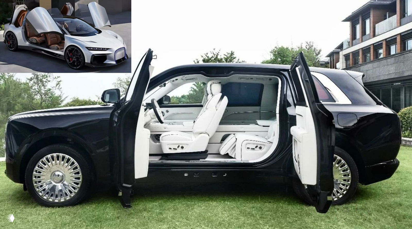 Чёрный люксовый седан с распахнутыми дверями и белым интерьером, показан профиль и салон автомобиля на зелёной лужайке.