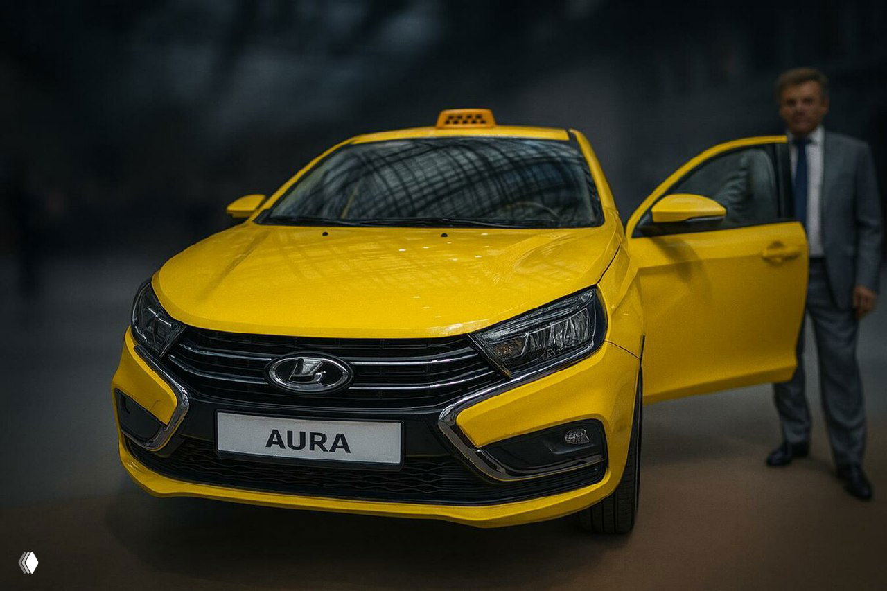 Жёлтый автомобиль с шильдом AURA и плафоном такси на крыше, сцена выставки с человеком в костюме рядом.