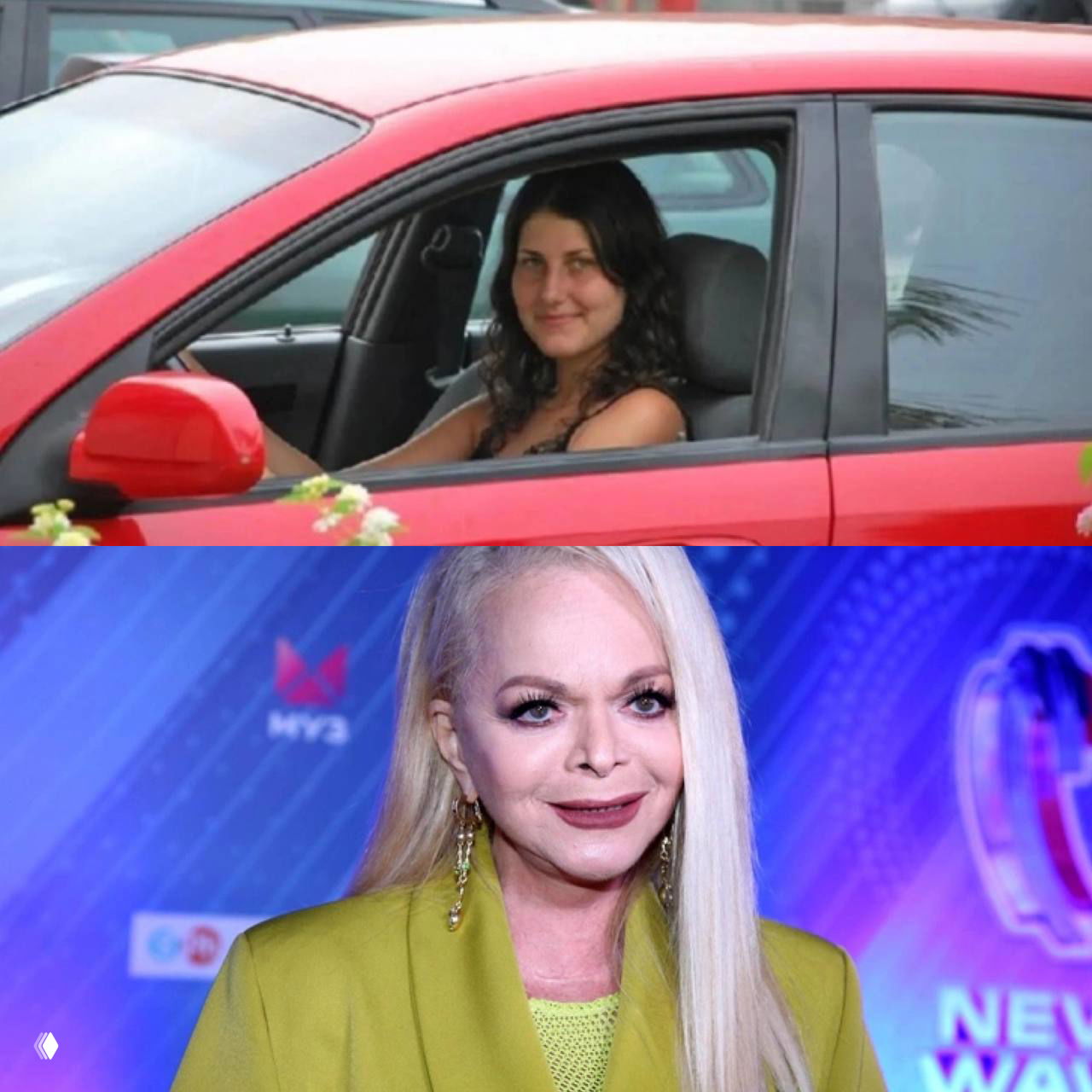 Коллаж: сверху женщина за рулём красного автомобиля в повседневной обстановке, снизу — портретная фотография женщины в ярком наряде на официальном мероприятии, крупный план.