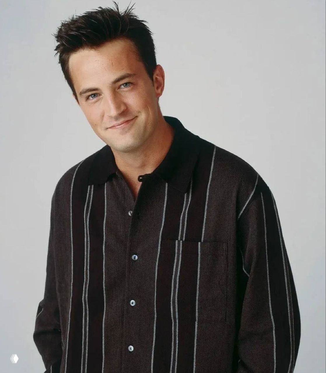 Портрет Мэттью Перри: крупный план улыбающегося актёра на студийной фотографии, воспоминание о его карьере и роли в шоу «Друзья».