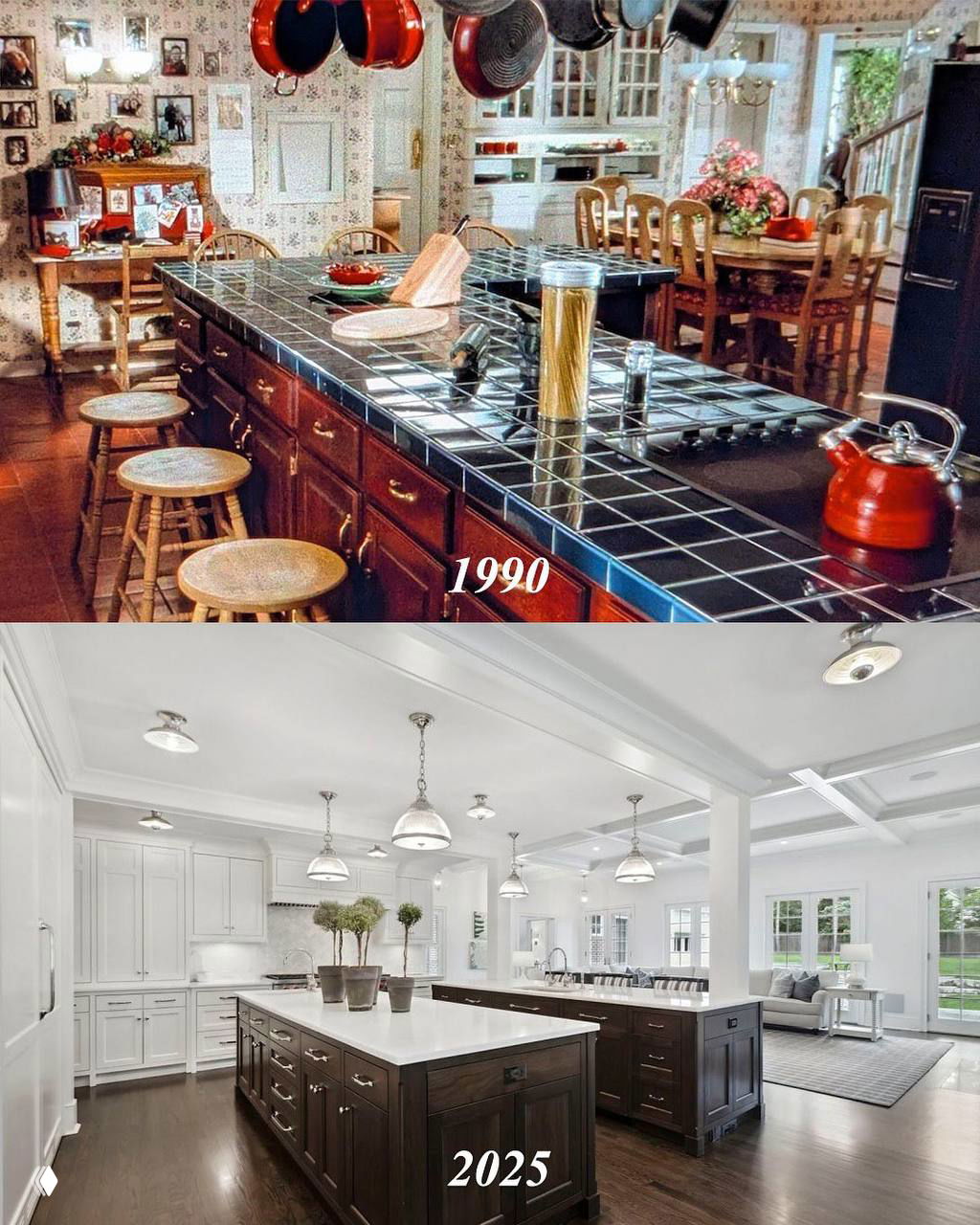 Кухня: сравнительный снимок с тёмными плиточными столешницами и тёплой палитрой из фильма 1990 года и современной белой просторной кухней 2025 года.