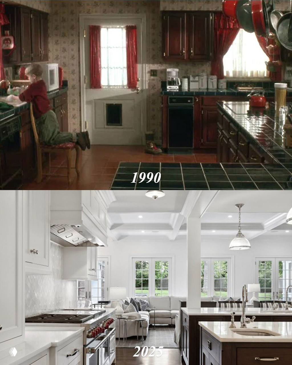 Сравнительный кадр кухни и гостиной: интерьер фильма 1990 года рядом с современным открытым кухонным пространством 2025 года с островом и окнами.