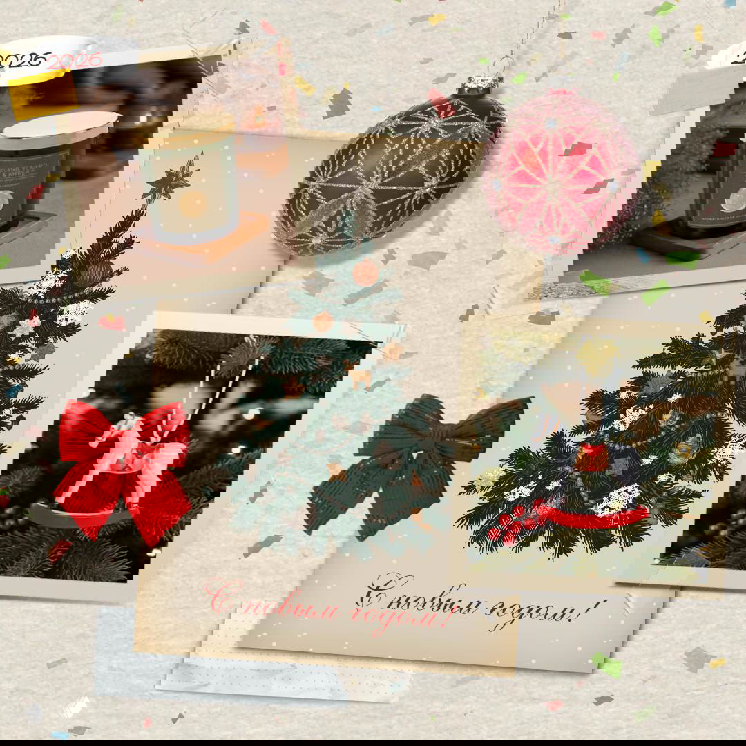 Коллаж с атмосферой новогоднего декора: елочная игрушка-лошадка на ветке, крупный красный шар, свеча в банке и декоративная иллюстрация ёлки в винтажном стиле