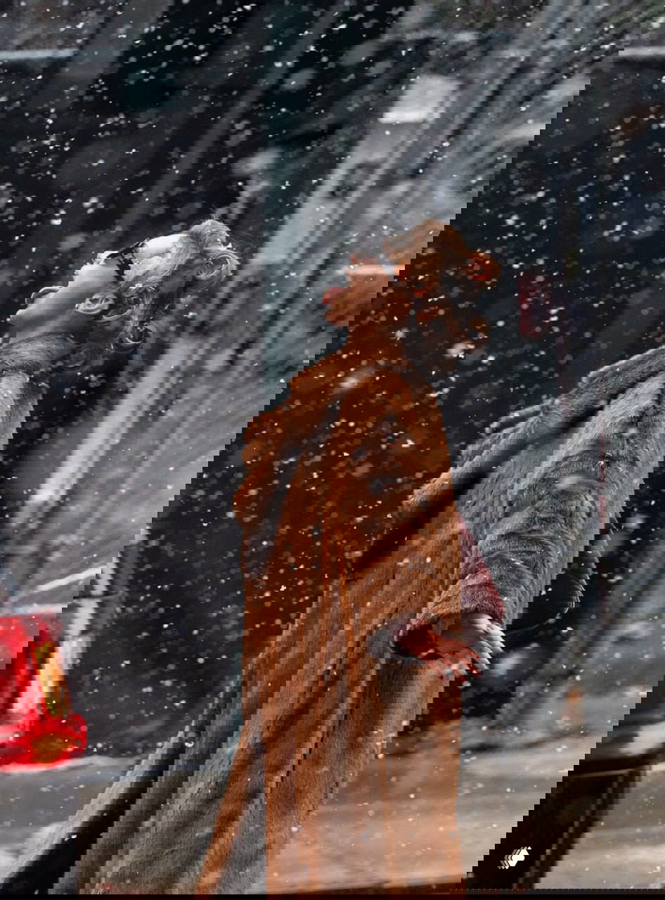 Женщина в коричневой шубе поднимает голову и ловит падающие снежинки в Нью‑Йорке; динамичный уличный кадр.