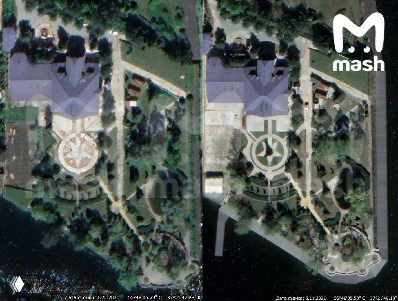 Спутниковые снимки береговой линии с прибрежной территорией в двух вариантах: заметна пристань, ограждение и изменения планировки участка у воды.