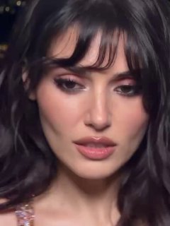 Крупный план лица женщины с тёмными волосами и вечерним макияжем, акцент на губах и глазах при мягком освещении