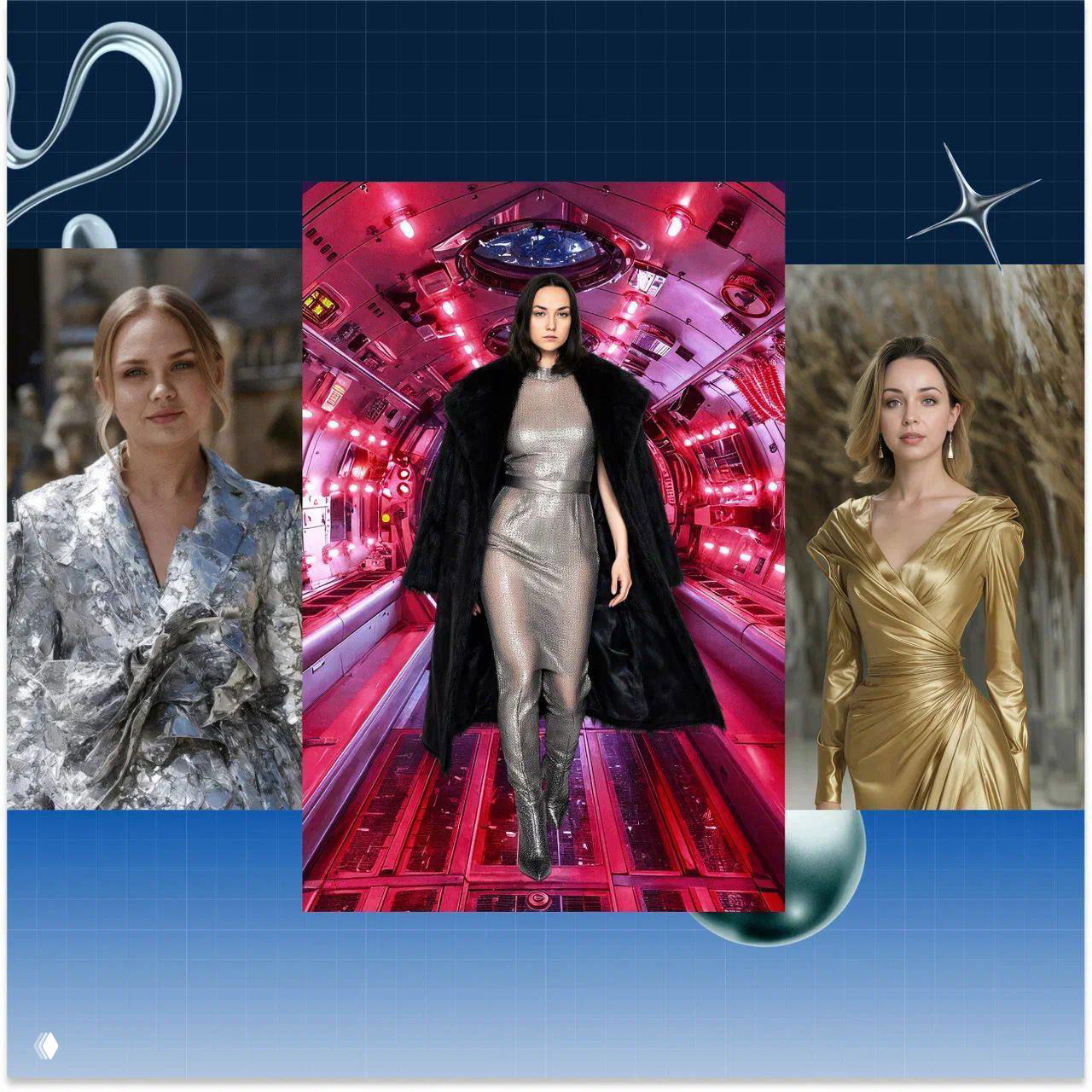 Коллаж из трёх женщин в нарядах на фоне графики и интерьера судна; акцент на женщинах в атомной отрасли и науке.