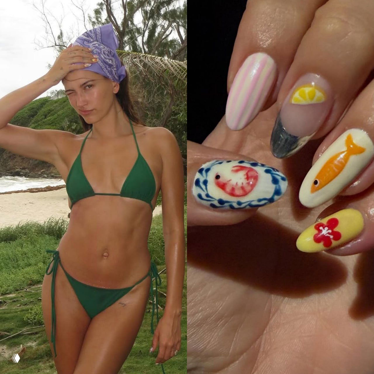 Коллаж: Хейли Бибер в купальнике слева и крупный план маникюра справа с рыбками, цветами и яркими фруктовыми элементами.
