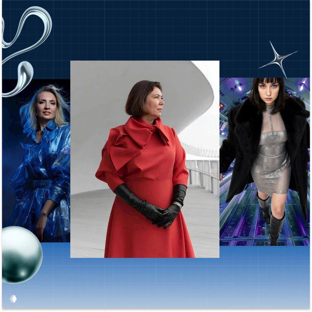 Коллаж из трёх портретов женщин; в центре — женщина в красном пальто и чёрных перчатках, иллюстрация героинь Woman.ru.