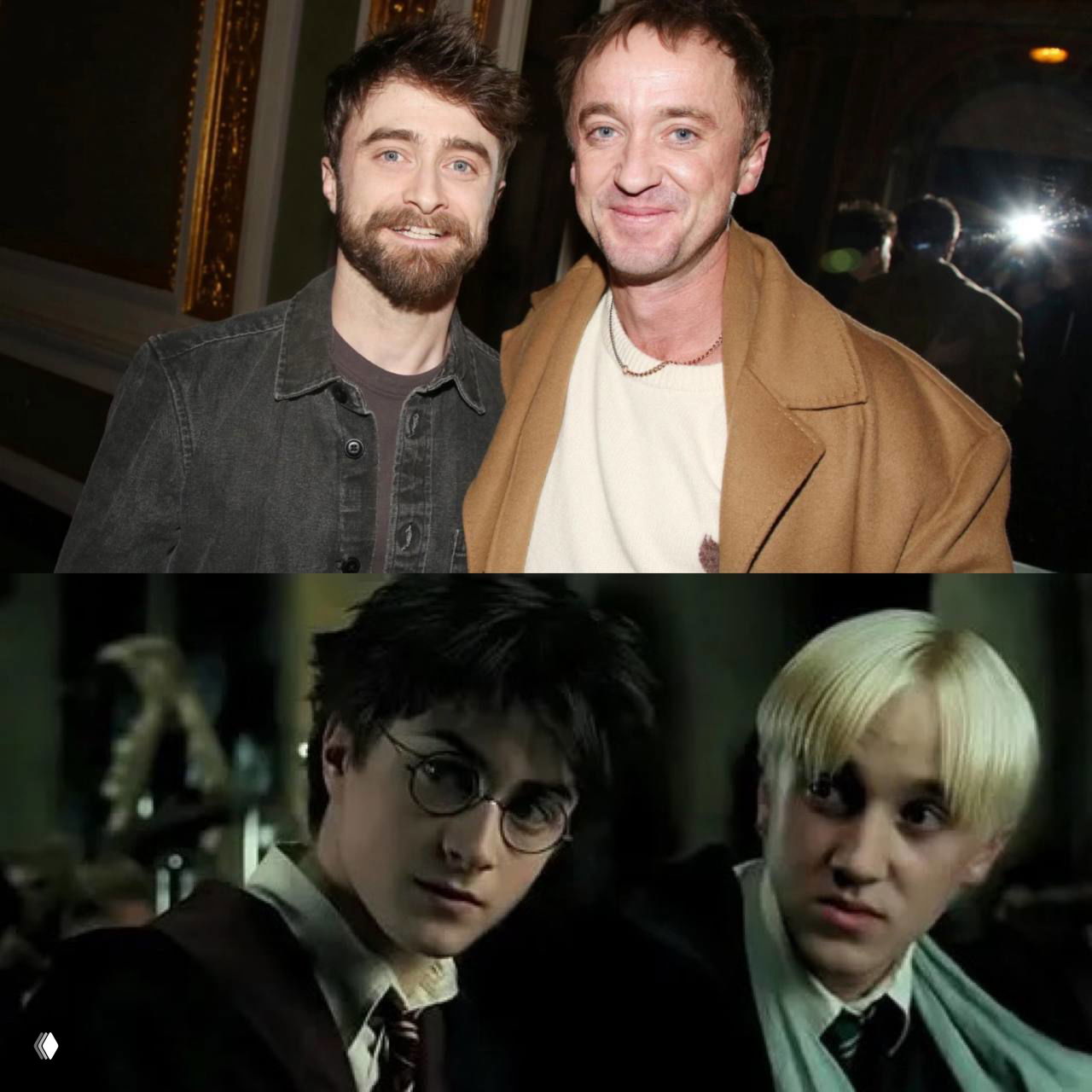 Дэниел Рэдклифф и Том Фелтон улыбаются на нью‑йоркской премьере после 14 лет; внизу — кадр из фильма «Гарри Поттер» с Гарри и Драко.