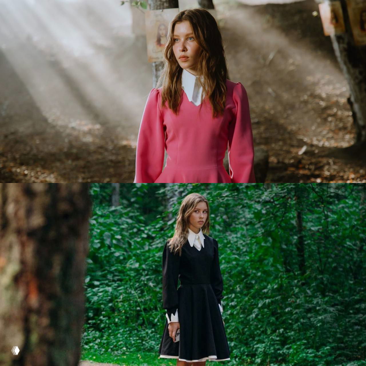 Кадры из фильма: актриса в розовом платье с белым воротником в лесной сцене, атмосферный художественный ракурс, костюмный дизайн в кадре