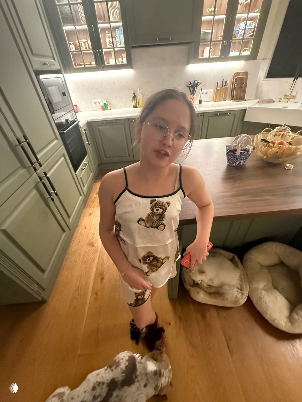 Девочка Мия в кухне загородного дома в пижаме с мишками у острова; рядом лежанка для питомца и собака, видно интерьер