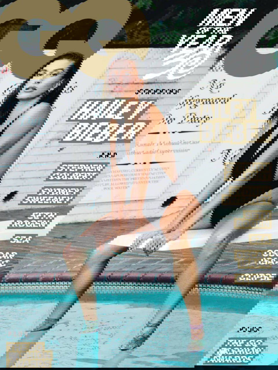 Модель в чёрном купальнике на трамплине у бассейна — обложка журнального выпуска с заметным логотипом GQ