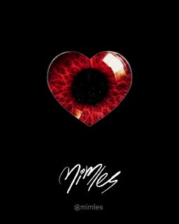 Чёрный фон, яркое сердечко с текстурой радужной радикулы и подписью @mimles — смелый графический вариант кастомного лайка.