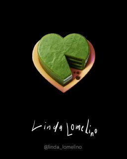 Чёрный фон, зелёное сердечко в виде торта или десерта с подписью @linda_lomelino — гастрономический дизайн кастомного лайка.