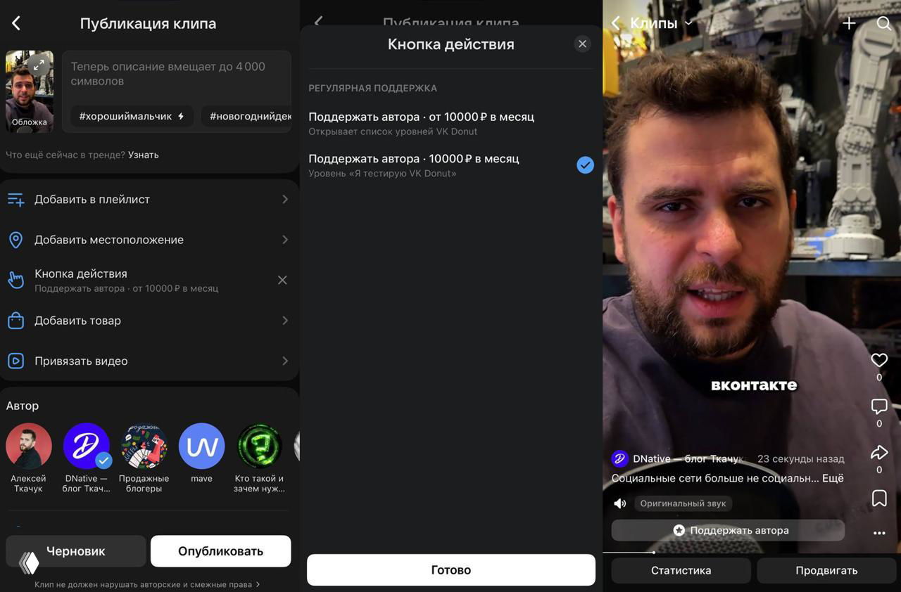 Скриншоты интерфейса ВКонтакте: окно публикации клипа с полем описания, кнопкой поддержки VK Donut, списком опций и превью с лицом автора.