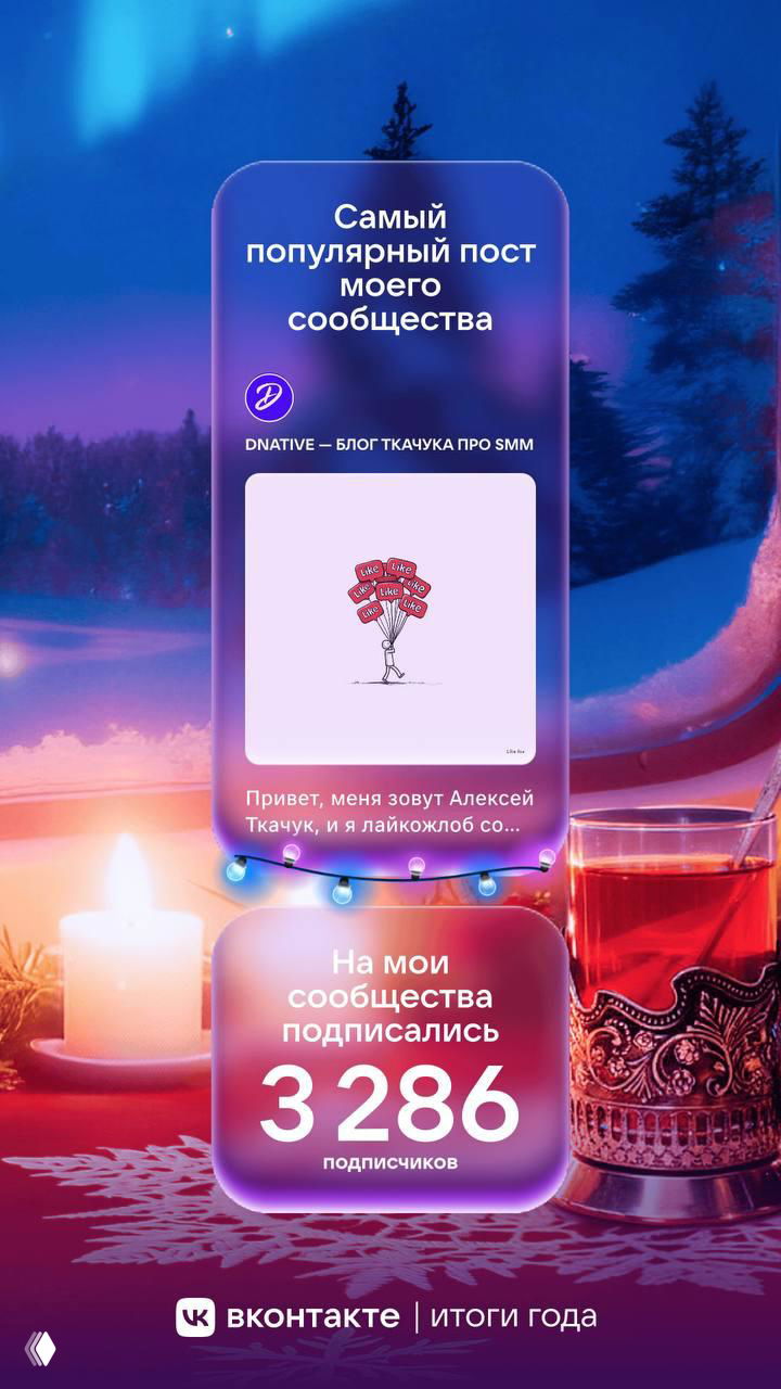 Экран с карточкой «Самый популярный пост моего сообщества» и блоком с числом подписчиков 3 286 на фоне праздничного оформления приложения