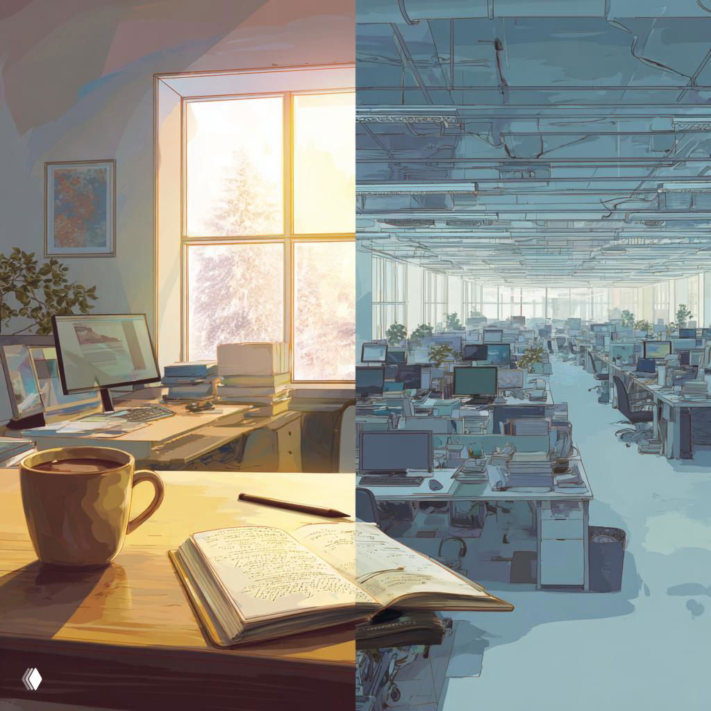 Иллюстрация: слева уютный домашний рабочий стол с чашкой кофе и блокнотом на фоне солнца, справа пустой открытый офис с рядами столов и мониторов — контраст удалёнки и офиса.